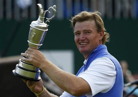 Ernie Els of South Africa holds the Claret Jug after winning the British Open golf championship at Royal Lytham & St Annes